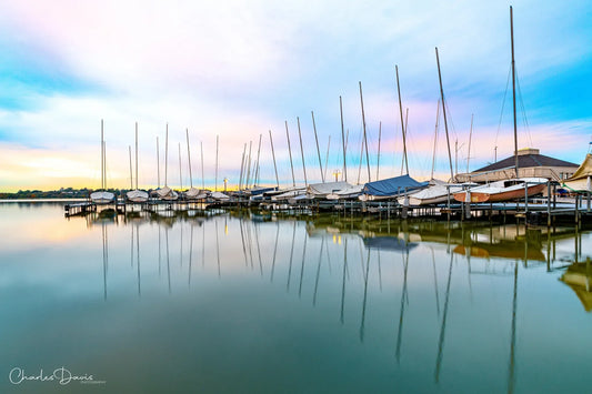 A photo of sailing boats docked at White Rock Lake in Dallas. Photo courtesy of Charles Davis Photography.