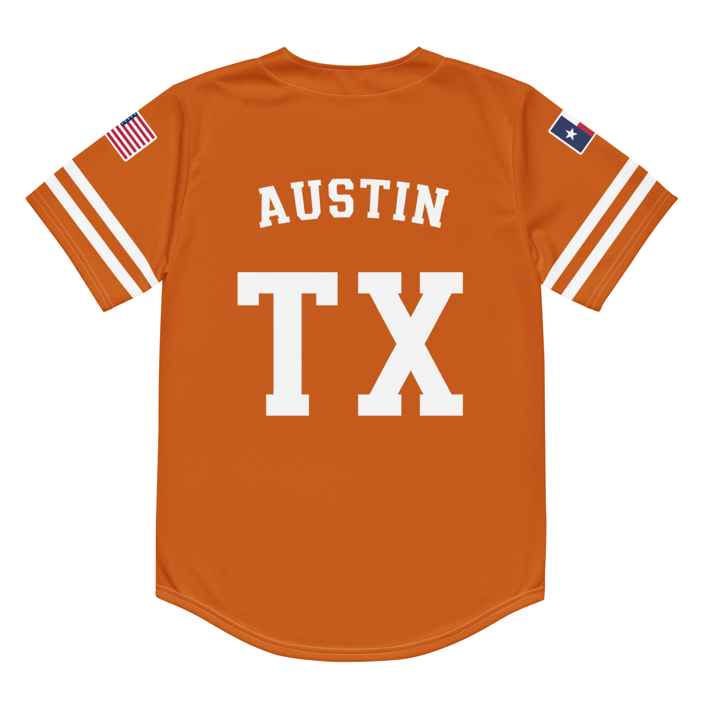 The back of an orange baseball jersey with the words "Austin, TX".