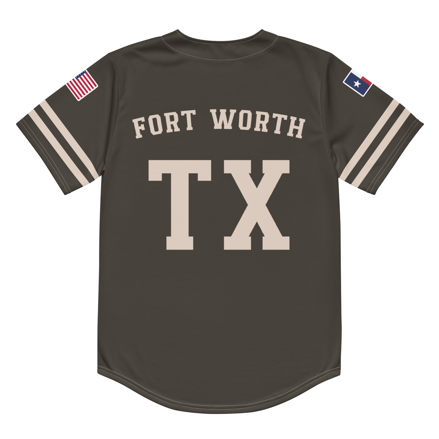 The back of a brown baseball jersey with the words "Fort Worth, TX".