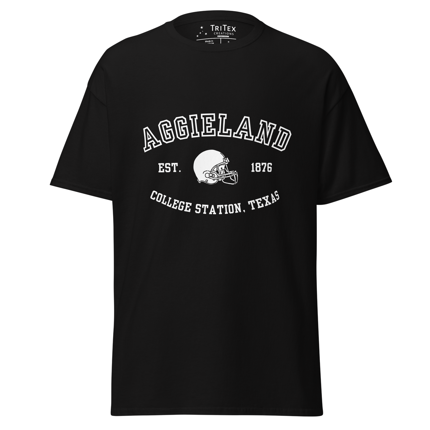 A black t-shirt featuring a graphic image of a football helmet with the words "Aggieland Est. 1876 College Station, Texas".