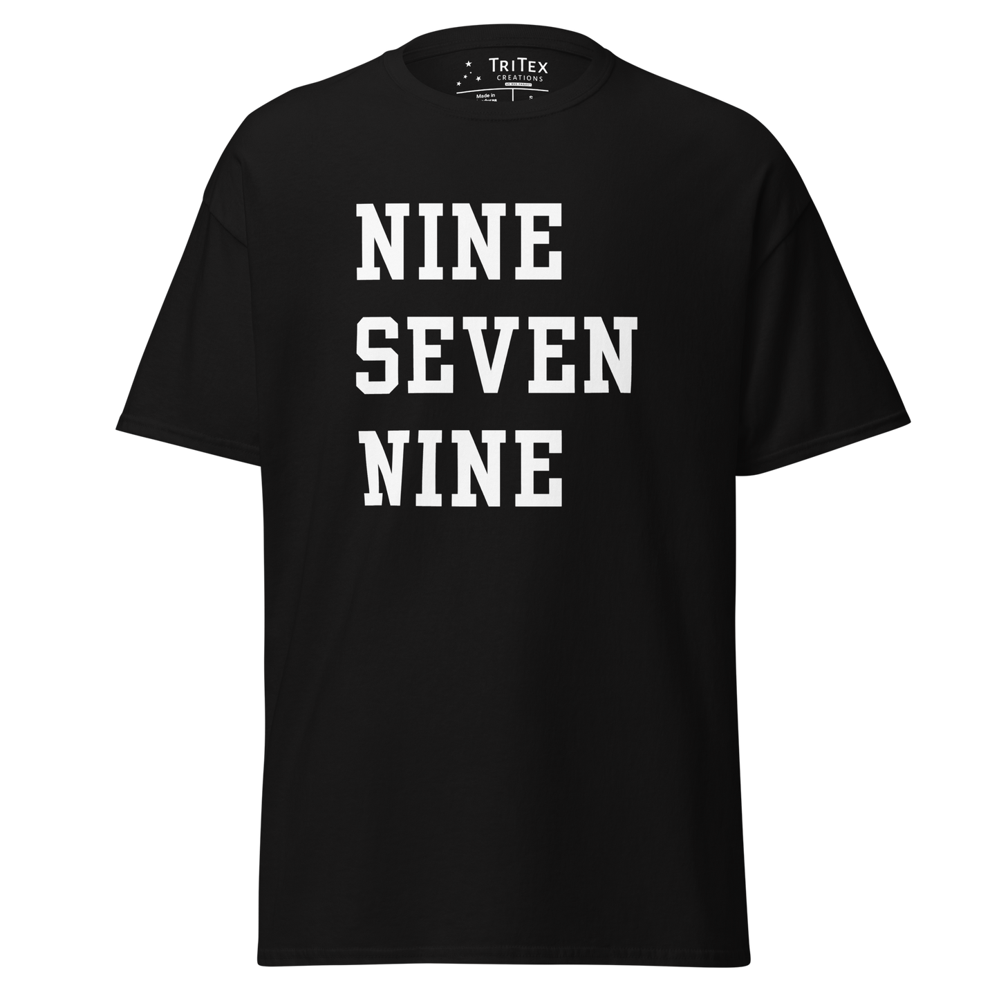 A black t-shirt with the words "NINE SEVEN NINE".