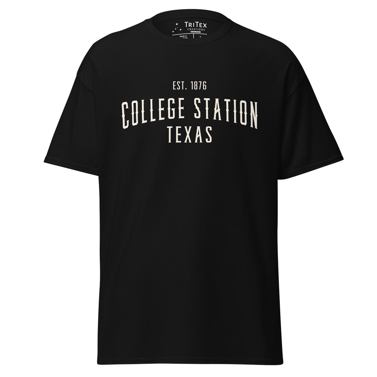 A black t-shirt with the words "College Station Texas Est. 1876".
