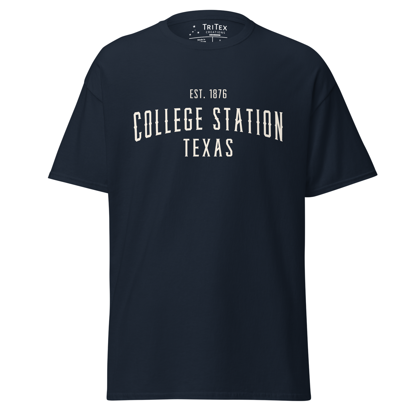 A navy blue t-shirt with the words "College Station Texas Est. 1876".