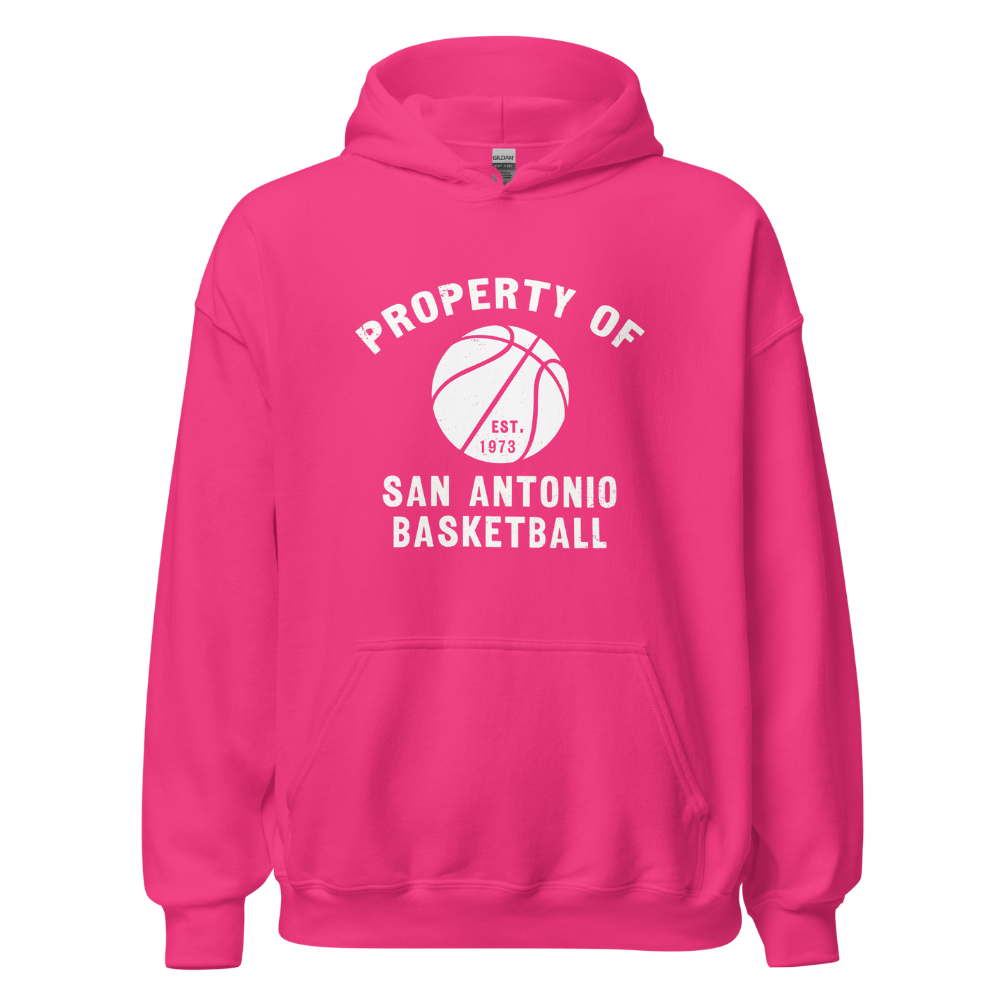 A heliconia pink hoodie featuring a silhouette of a basketball with the words "Property of San Antonio basketball Est. 1973".
