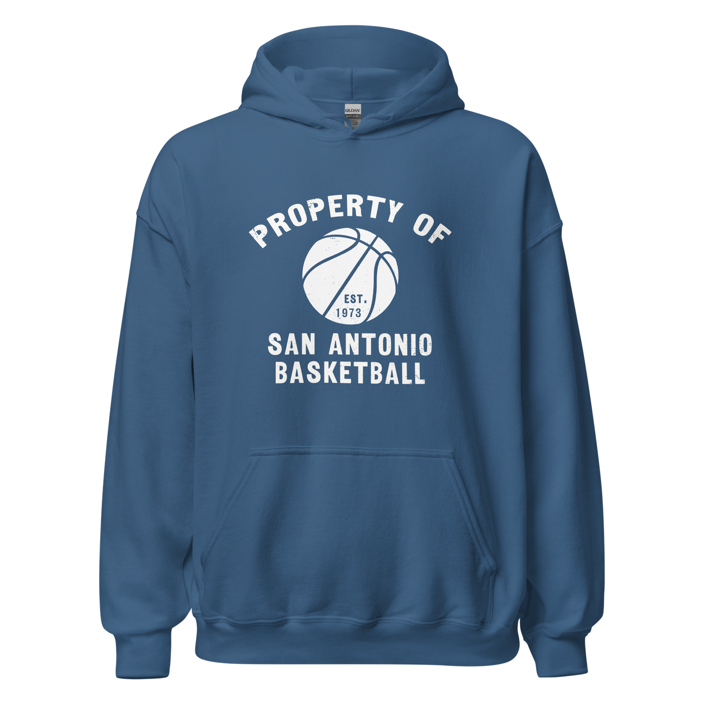An indigo hoodie featuring a silhouette of a basketball with the words "Property of San Antonio basketball Est. 1973".