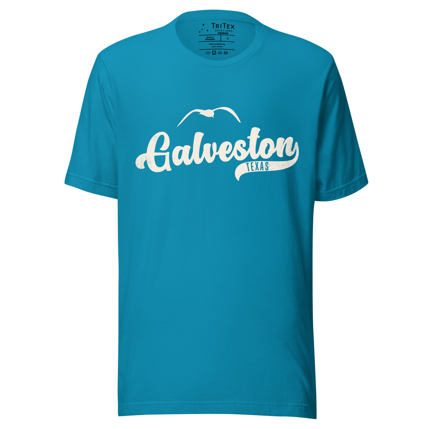 An aqua blue t-shirt featuring a silhouette of a seagull with the words "Galveston TEXAS".