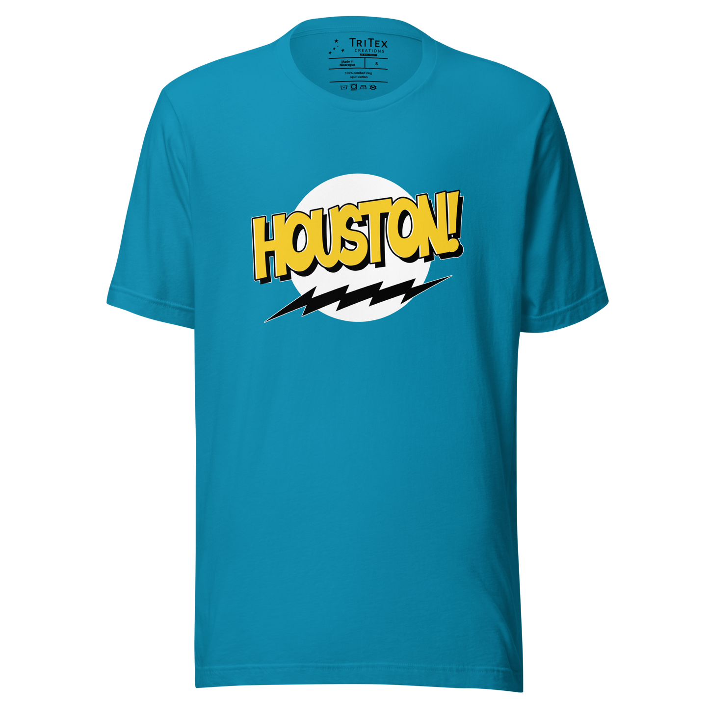 An aqua t-shirt with the words "Houston!" in the style of a Sheldon Cooper Bazinga-shirt.
