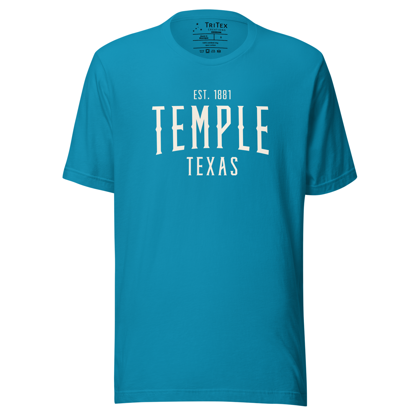 An aqua blue t-shirt with the words "Temple Texas Est. 1881".