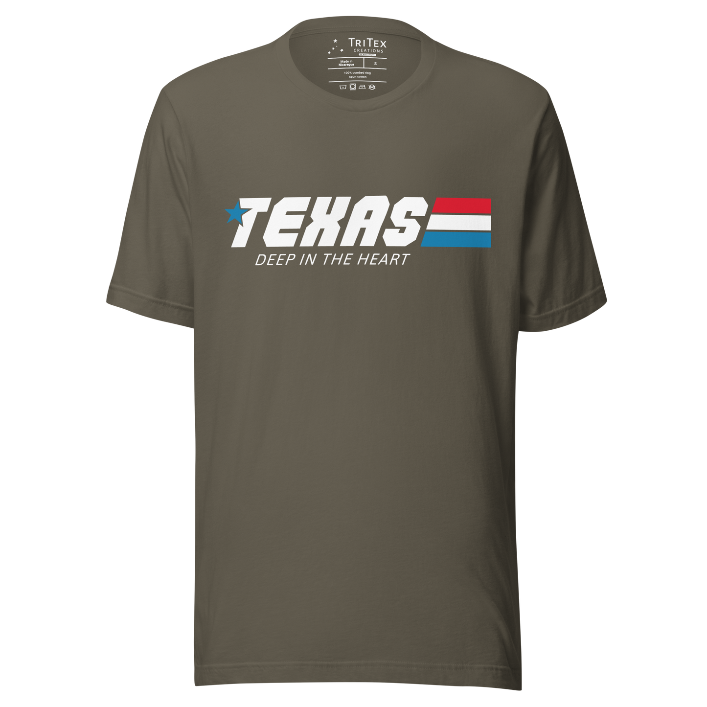 An army green t-shirt with the words "Texas. Deep in the heart" styled like an 80s cartoon show logo.