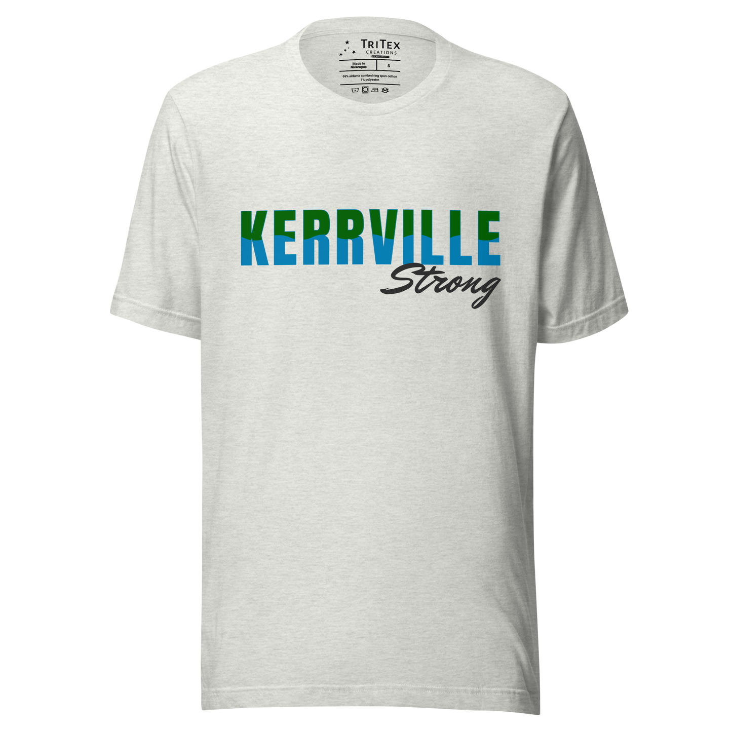 An ash-colored t-shirt with the words "Kerrville Strong".