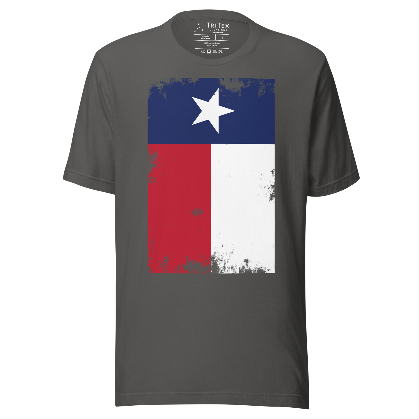 An asphalt heather t-shirt with a worn flag of Texas hanging vertically.