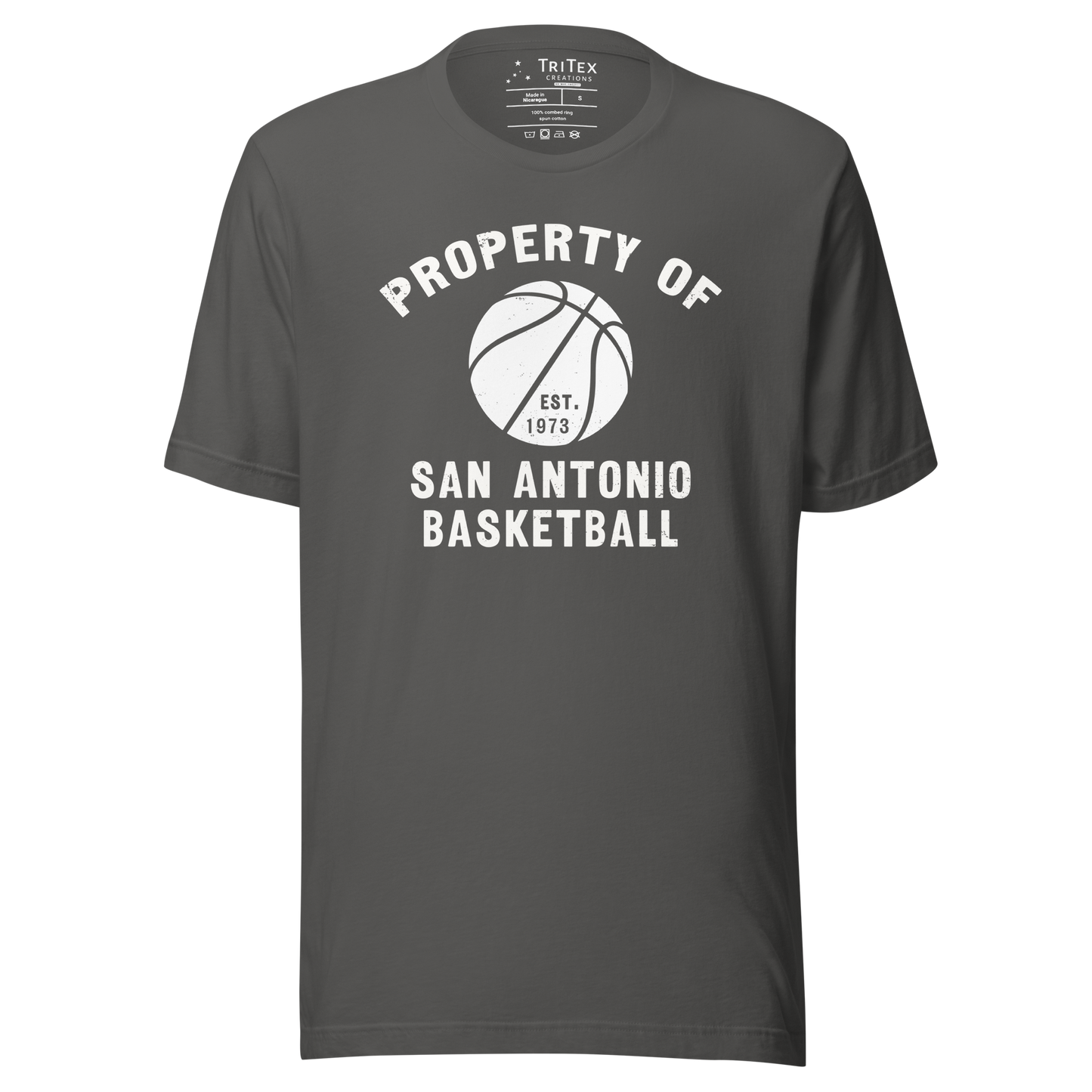 An asphalt t-shirt featuring a silhouette of a basketball with the words "Property of San Antonio basketball Est. 1973".