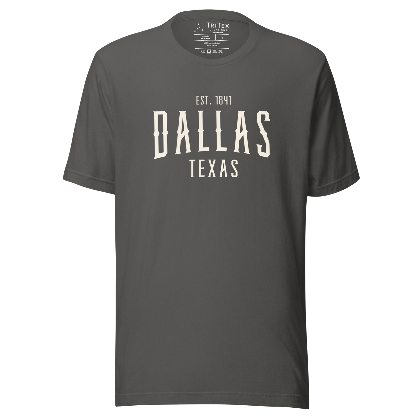An asphalt-colored t-shirt with the words "Dallas Texas Est. 1841".