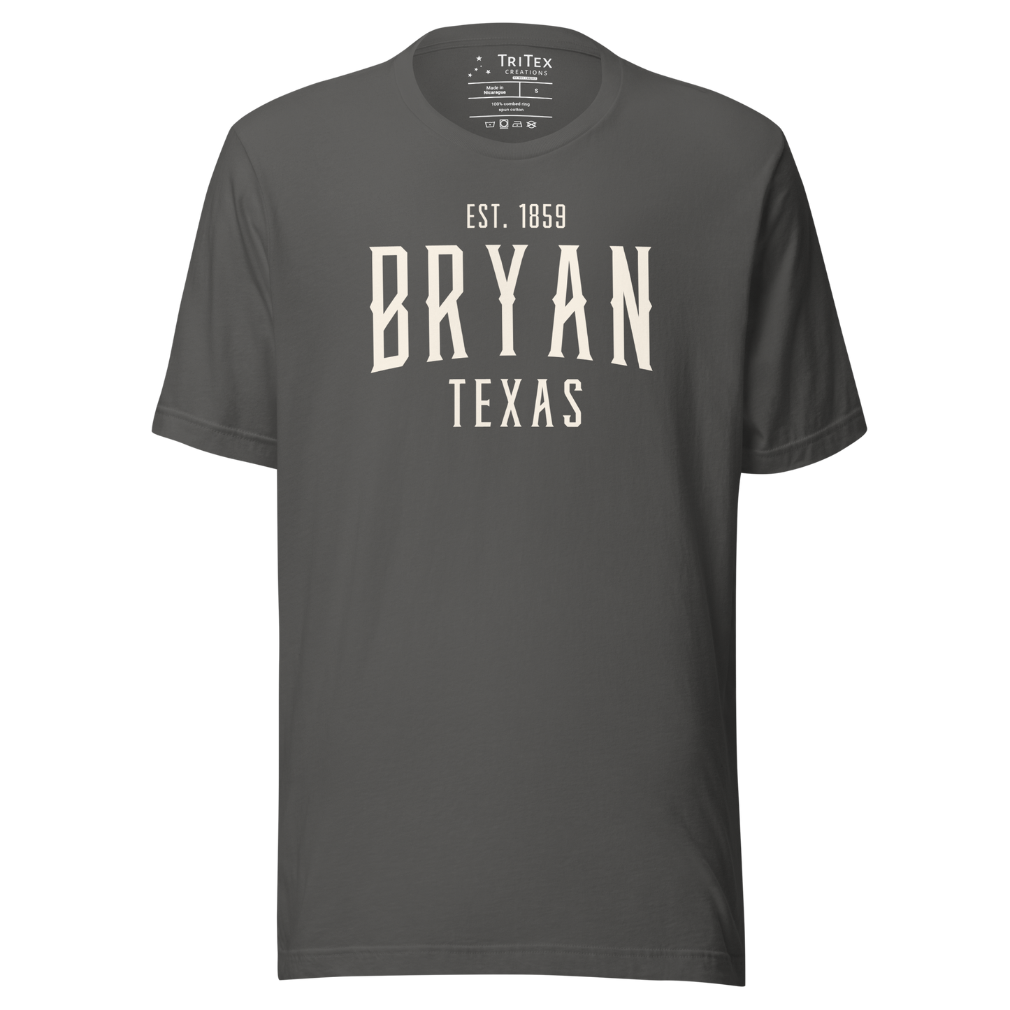 An asphalt-colored t-shirt with the words "Bryan Texas Est. 1859".