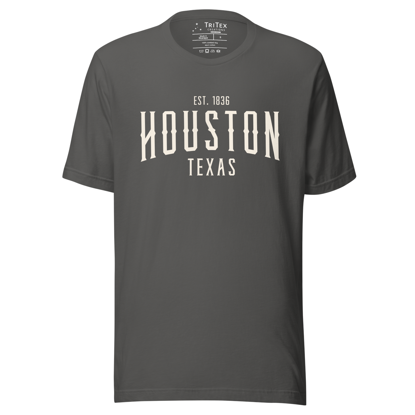 An asphalt-colored t-shirt with the words "Houston Texas Est. 1836".