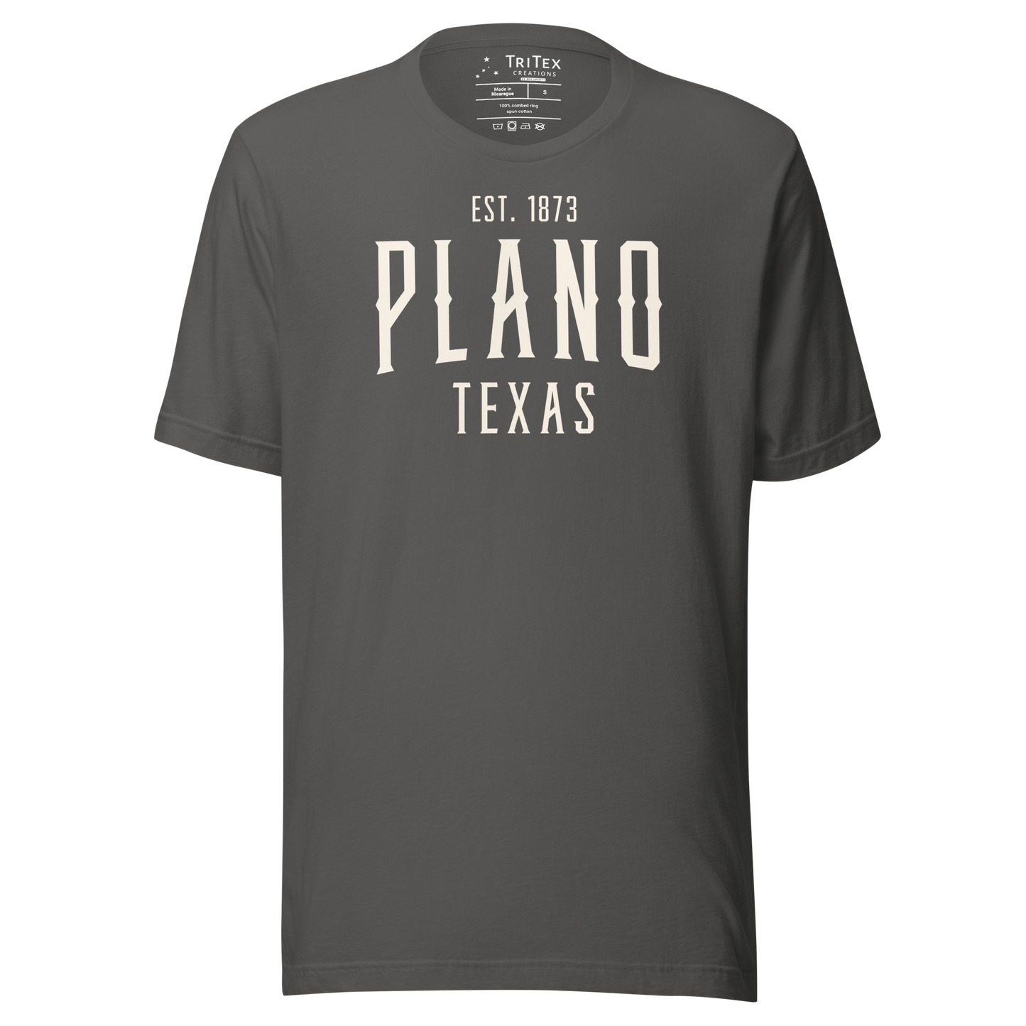 An asphalt-colored t-shirt with the words "Plano Texas Est. 1873".
