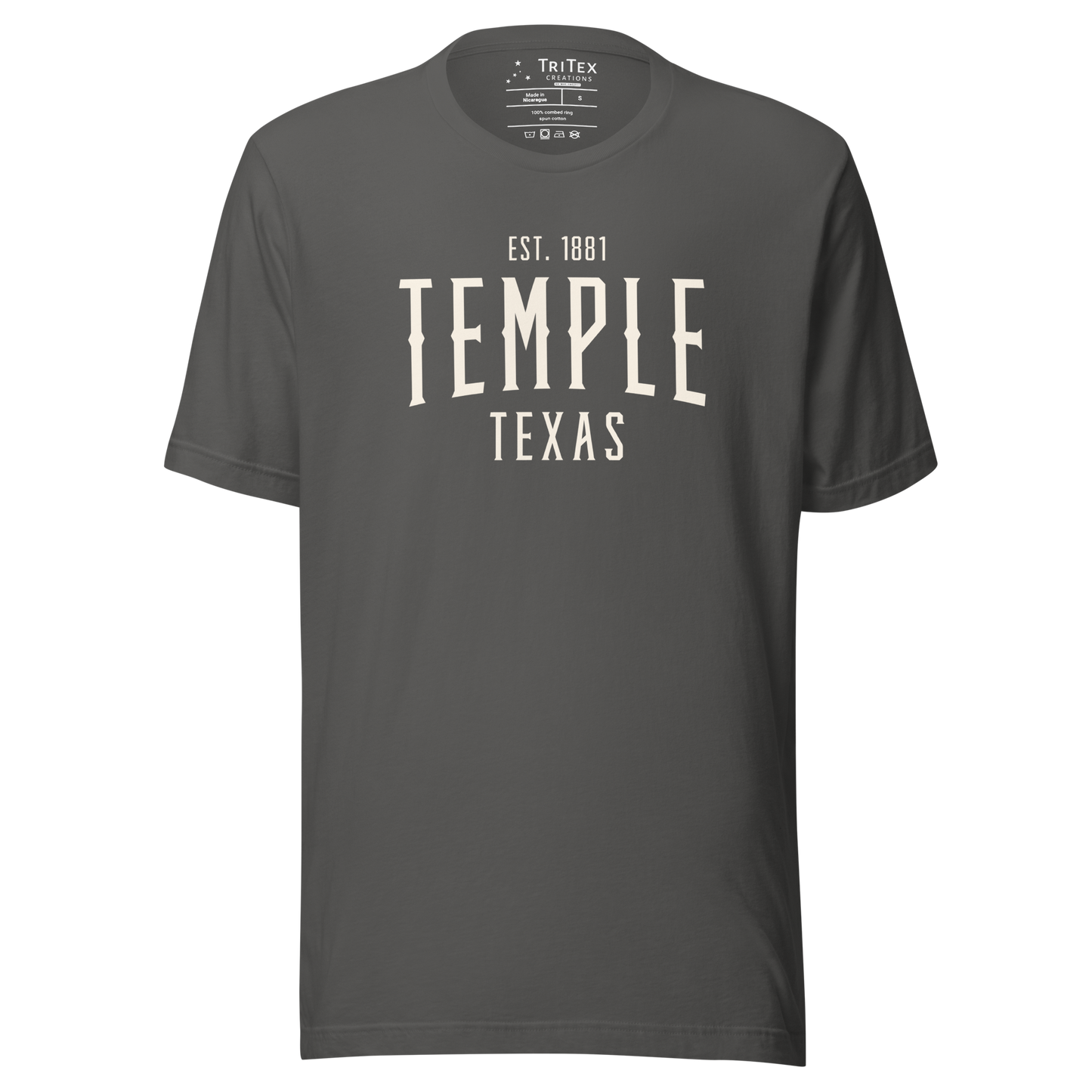 An asphalt-colored t-shirt with the words "Temple Texas Est. 1881".