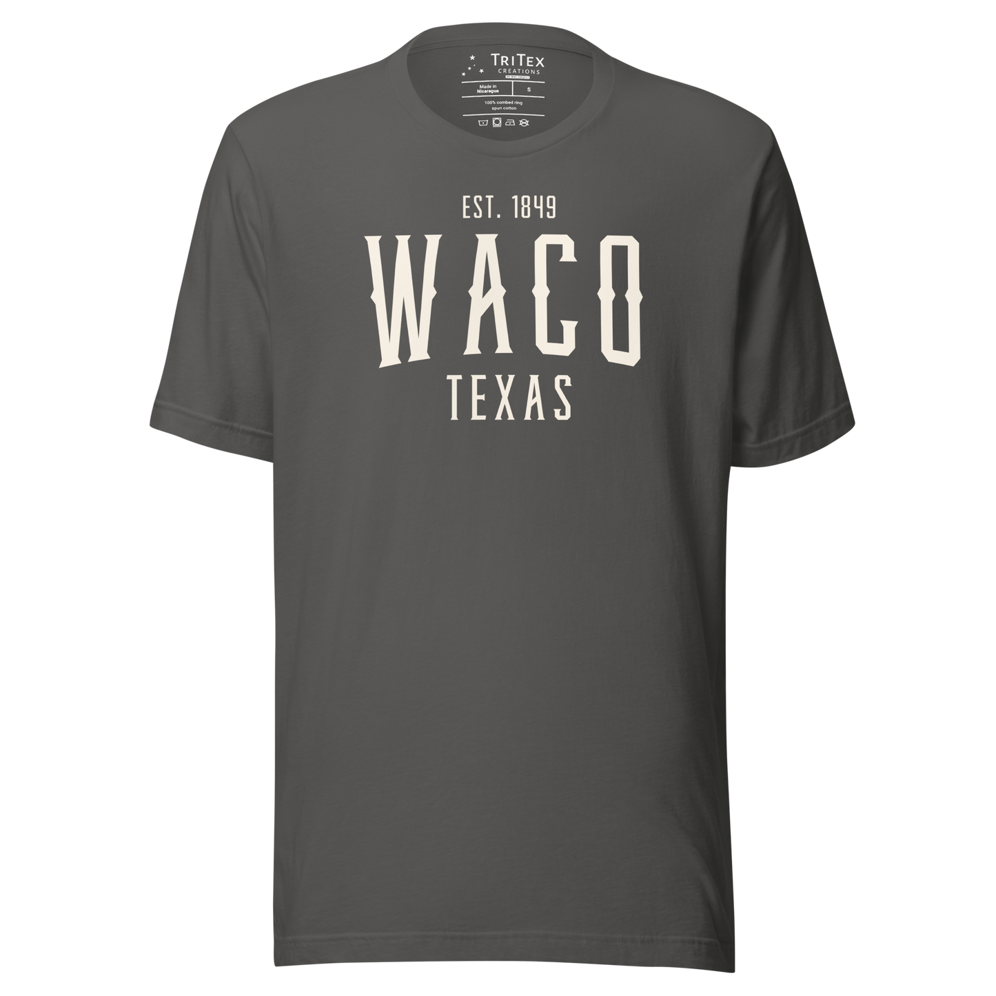 An asphalt-colored t-shirt with the words "Waco Texas Est. 1849".