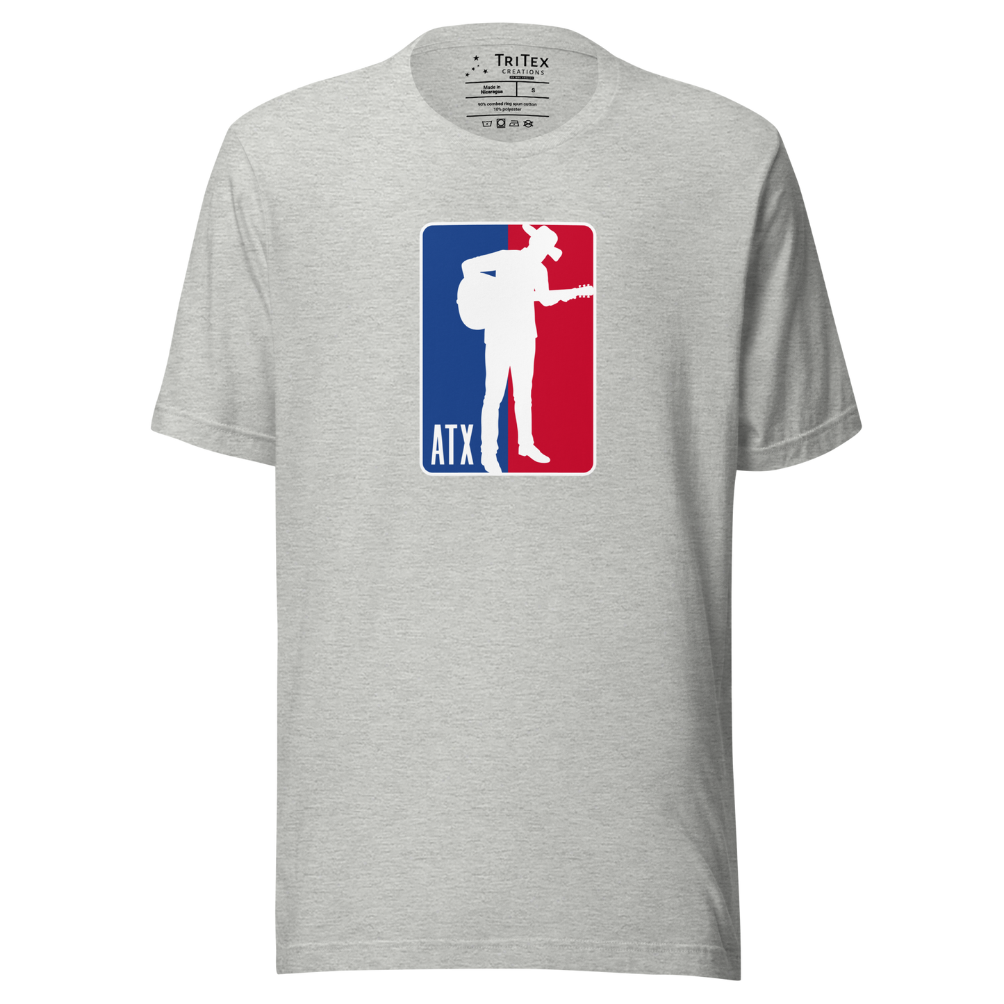 An athletic heather t-shirt featuring a silhouette of a cowboy with a guitar and the letters "ATX".