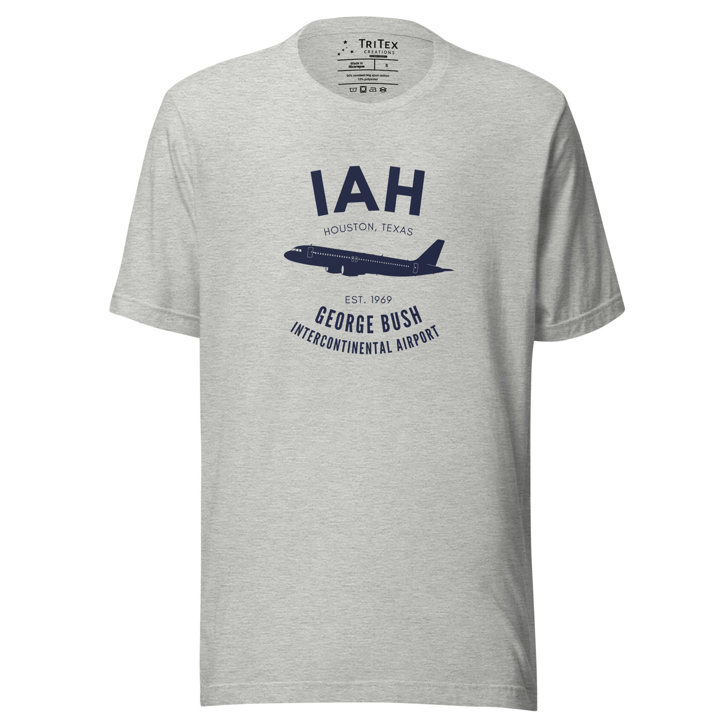 An athletic heather t-shirt with a silhouette of a passenger plane with the text "IAH Houston, Texas EST. 1969 George Bush Intercontinental Airport".