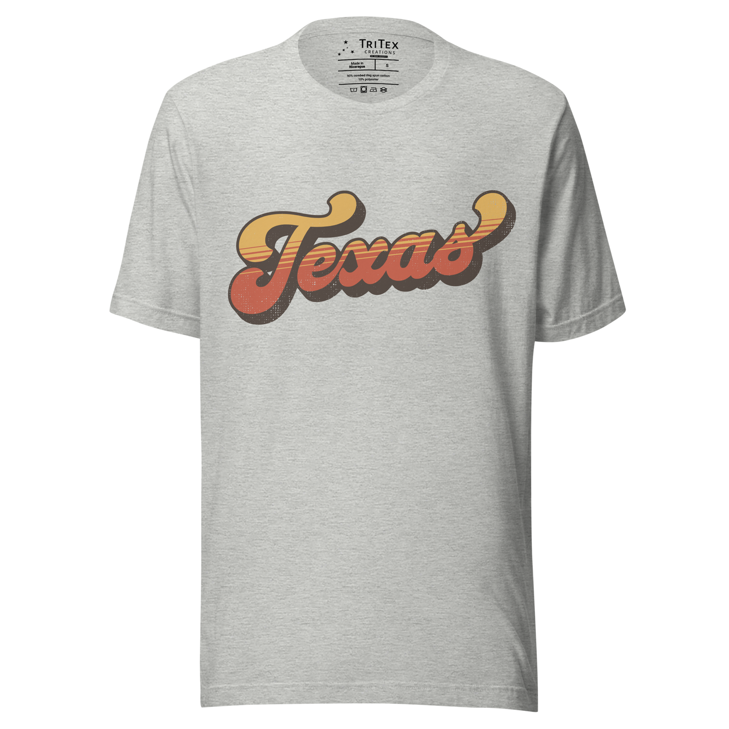 An athletic heather t-shirt with a retro style Texas in a vintage font.