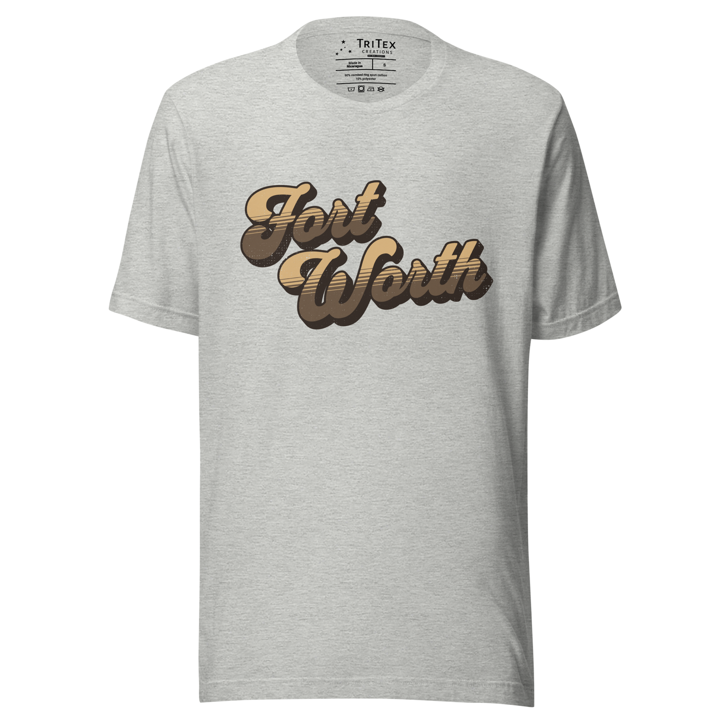 An athletic heather t-shirt with a retro style Fort Worth in a vintage font.