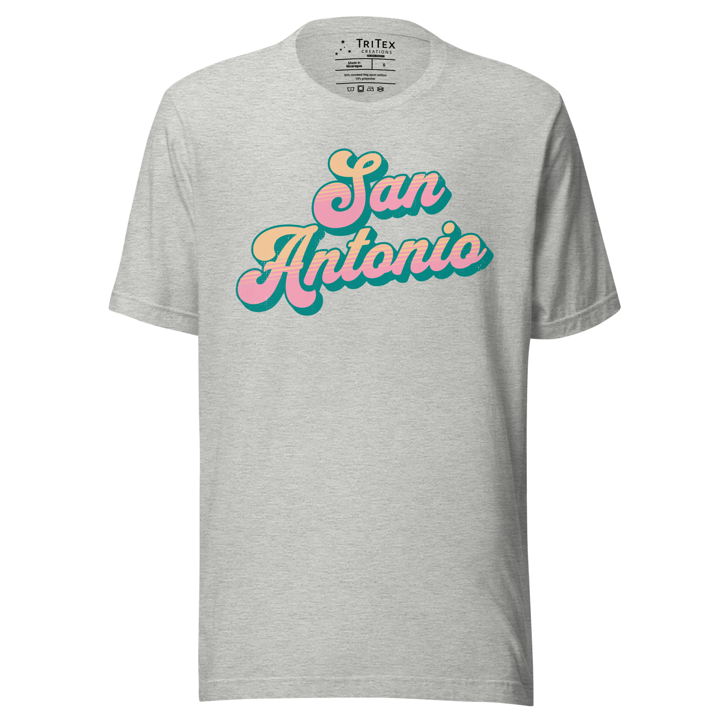 An athletic heather t-shirt with a retro style San Antonio in a vintage font.