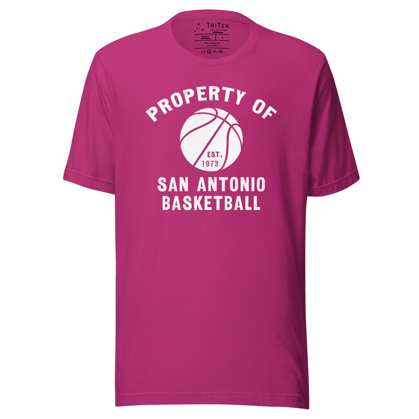 A berry pink t-shirt featuring a silhouette of a basketball with the words "Property of San Antonio basketball Est. 1973".