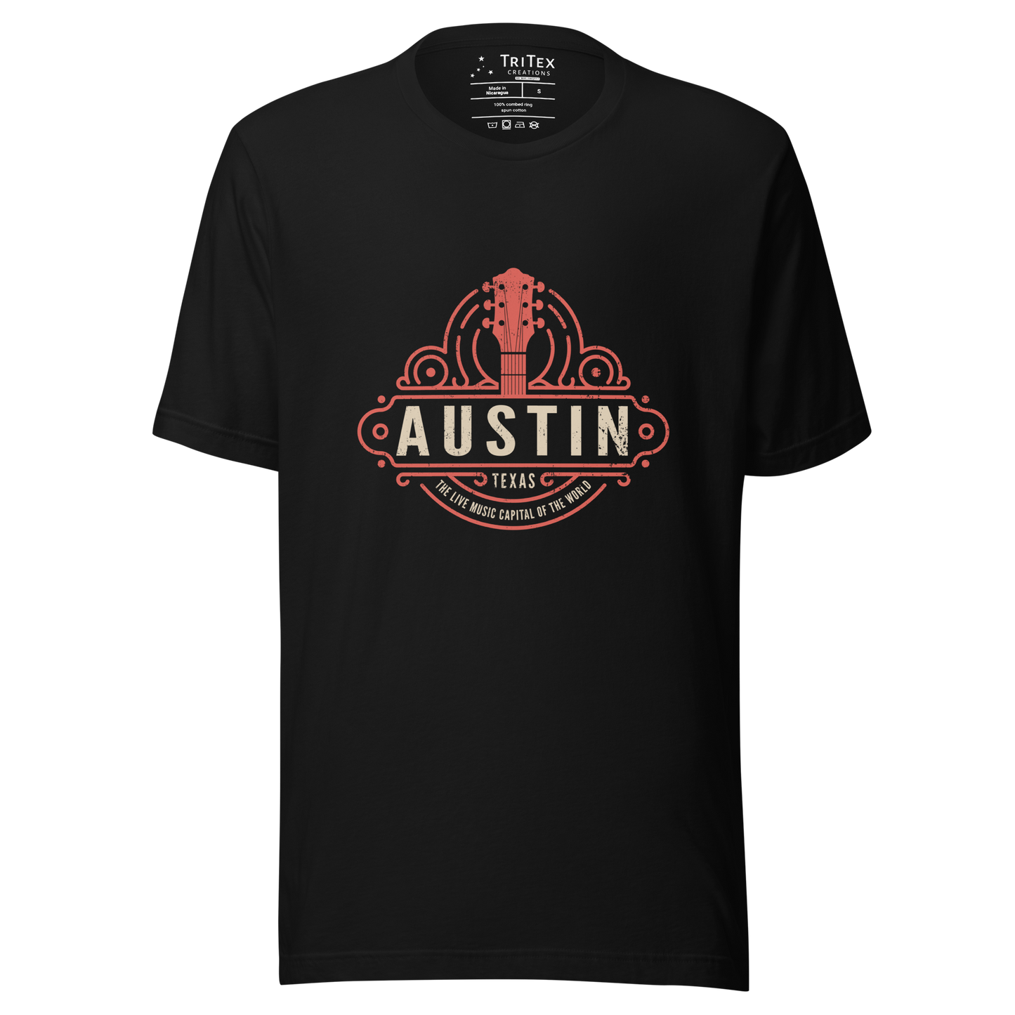 A black t-shirt featuring the head and neck of a guitar with the words "Austin Texas. The Live Music Capital Of The World."