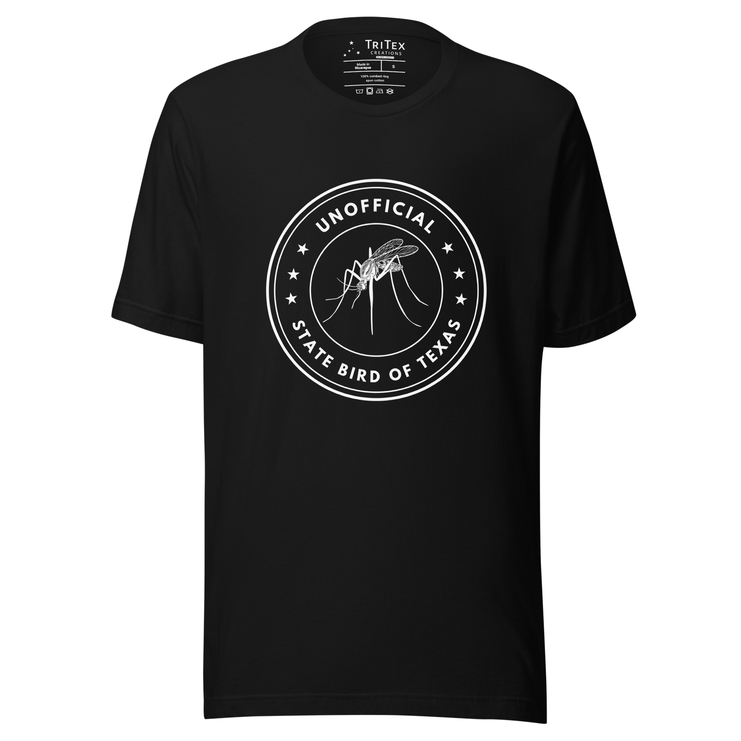 A black t-shirt featuring an image of a mosquito with the text "Unofficial State Bird Of Texas".