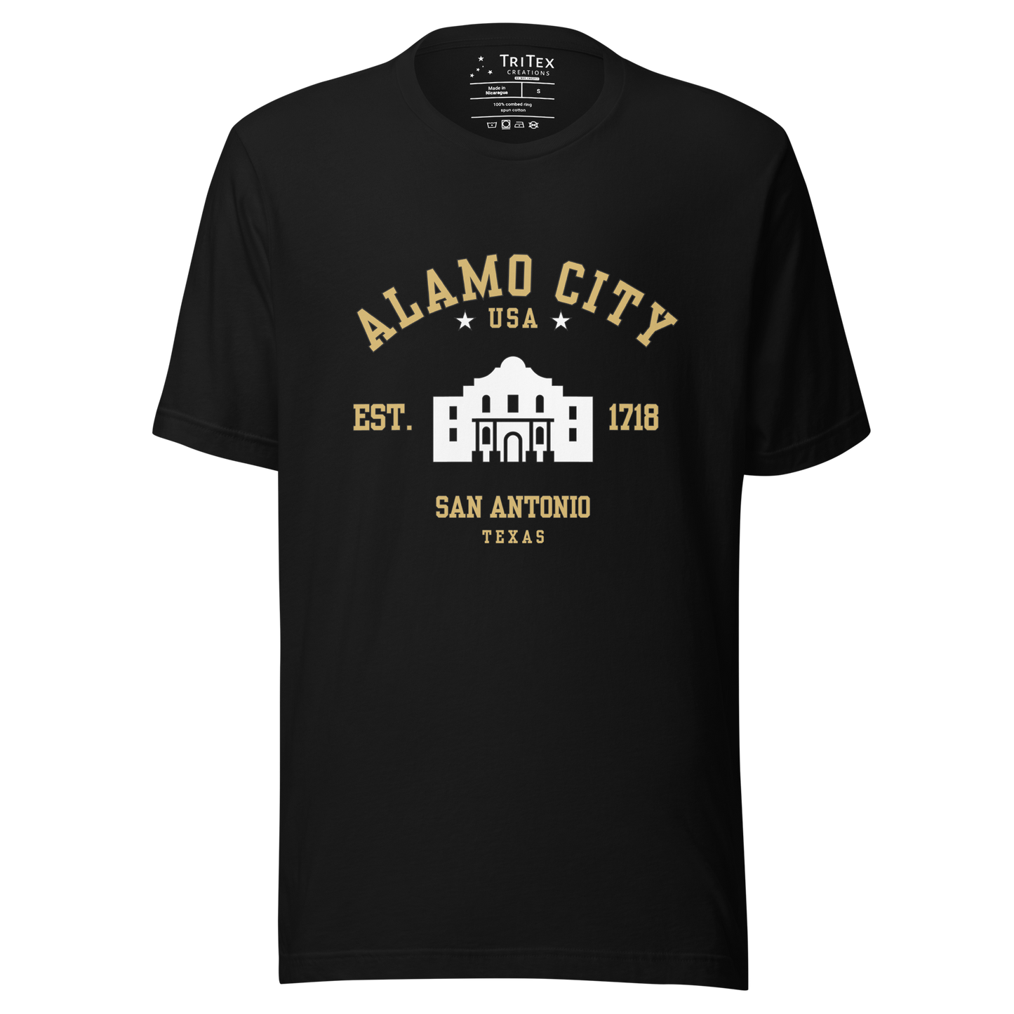 A black t-shirt featuring an image of The Alamo with the words "Alamo City USA Est. 1718 San Antonio Texas".