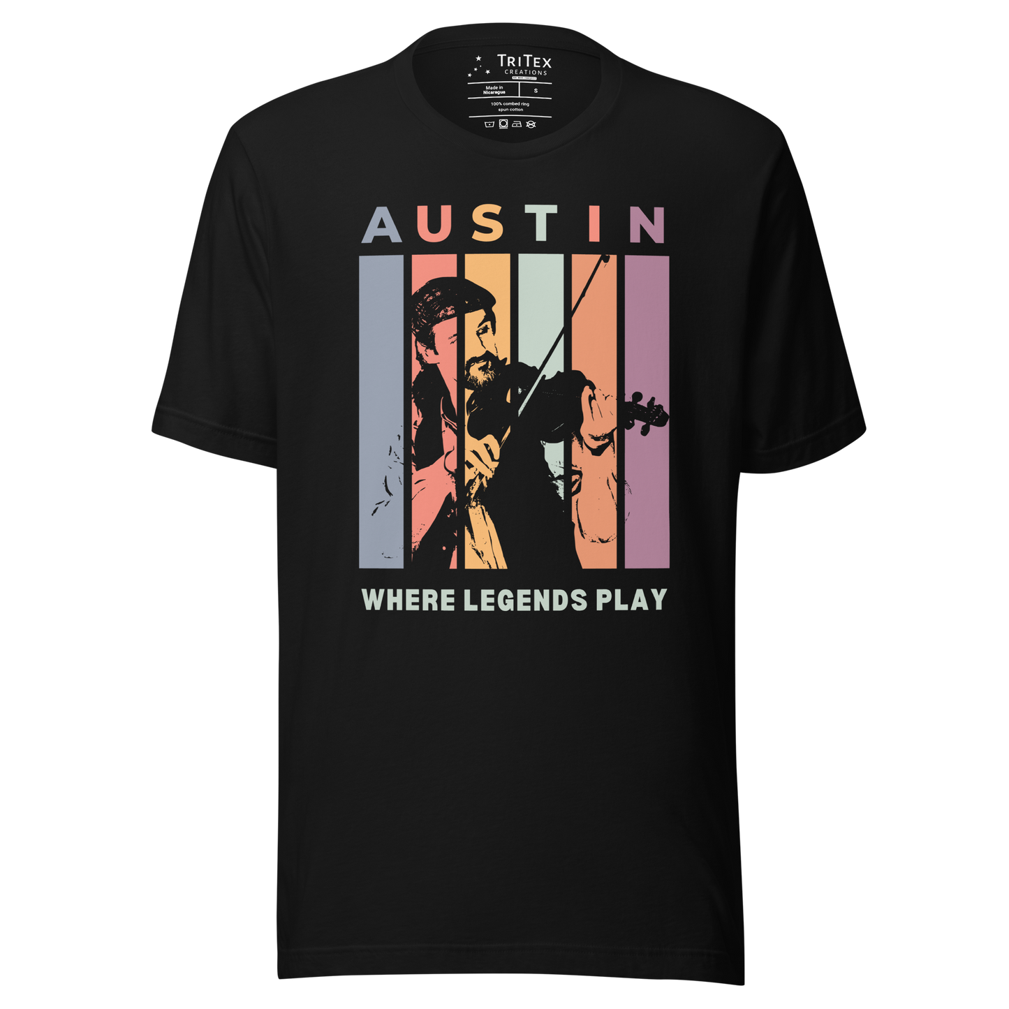 A black t-shirt featuring a silhouette of a fiddle player with the words "Austin. Where legends play".
