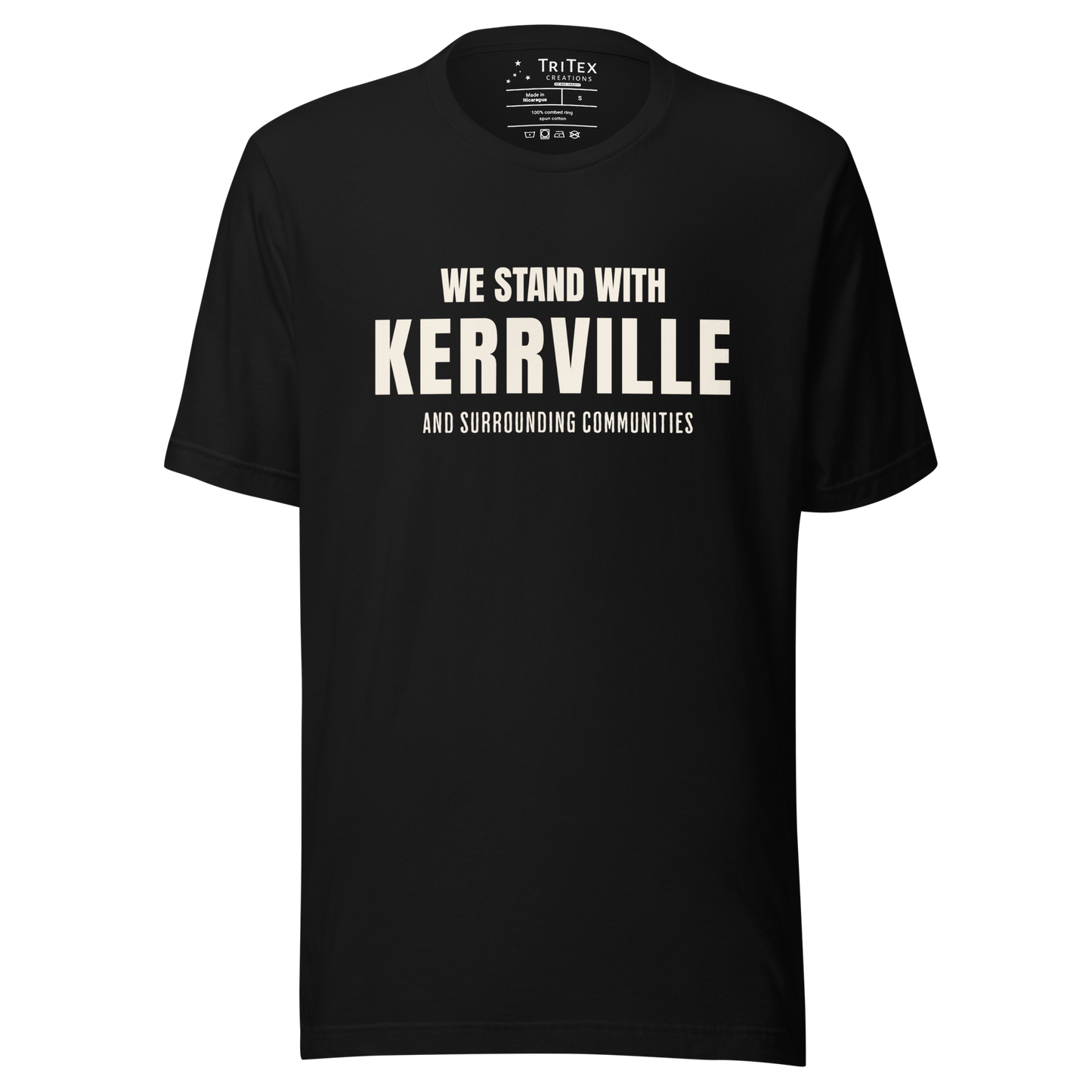A black t-shirt with the words "We stand with Kerrville and surrounding communities".