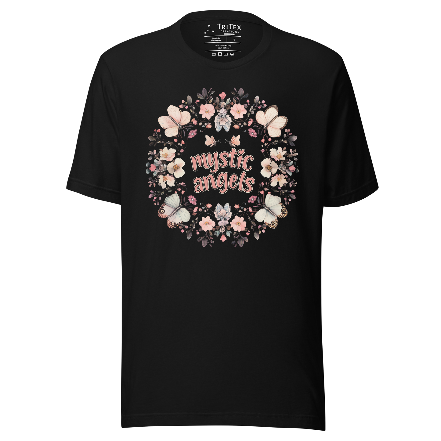 A black t-shirt with the words "mystic angels" surrounded by butterflies and flowers.