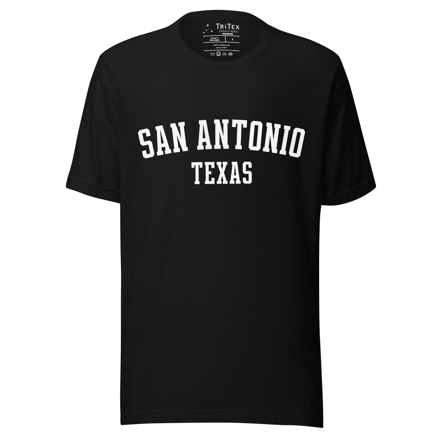 A black t-shirt with the words "San Antonio, Texas".