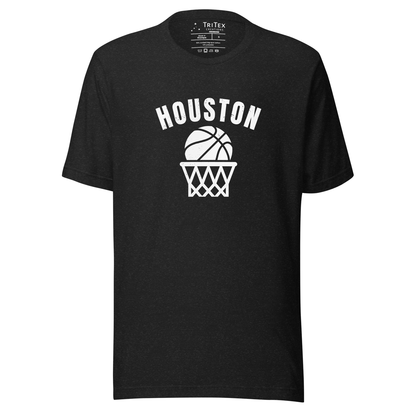 A black heather t-shirt featuring a basketball and net with the words "Houston".