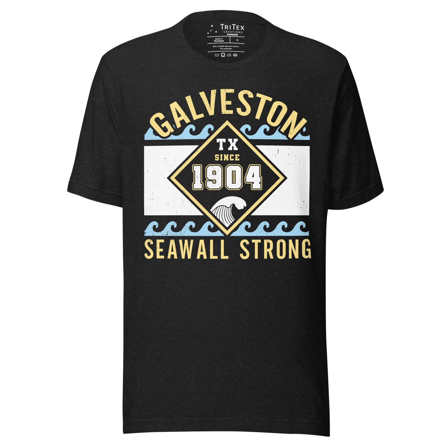 A black heather t-shirt featuring waves with text that reads "Galveston TX Seawall Strong. Since 1904".