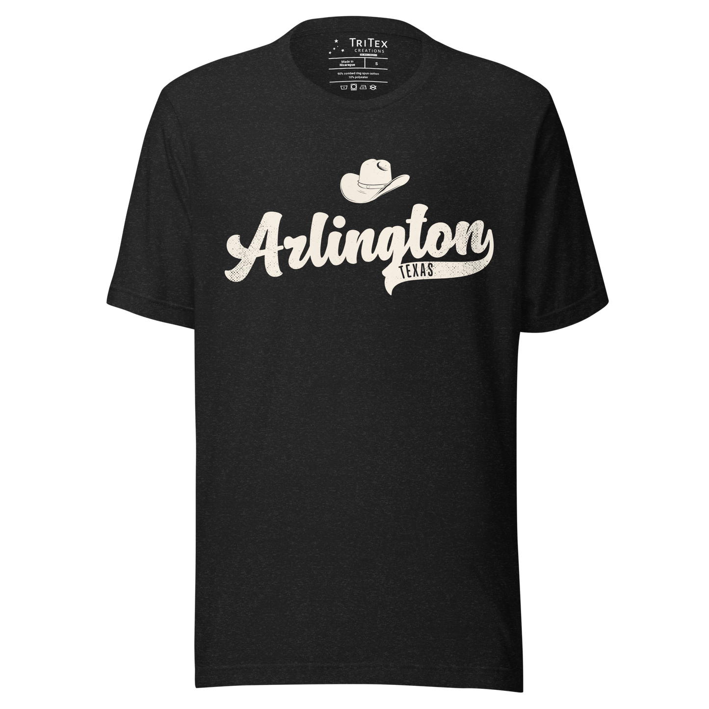 A black heather t-shirt featuring a silhouette of a cowboy hat with the words "Arlington TEXAS".