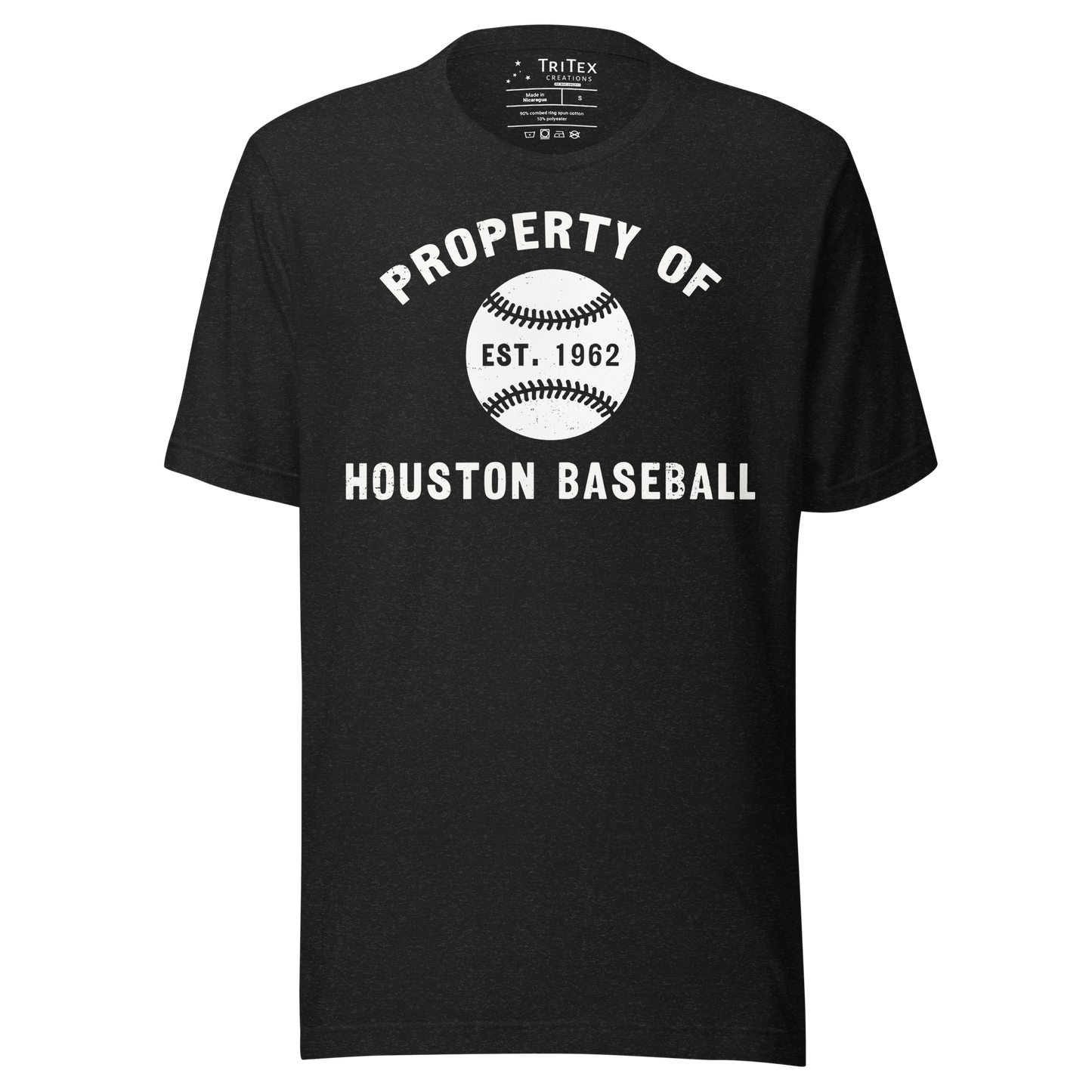 A black heather t-shirt featuring a silhouette of a baseball with text that reads "Property of Houston Baseball Est. 1962".