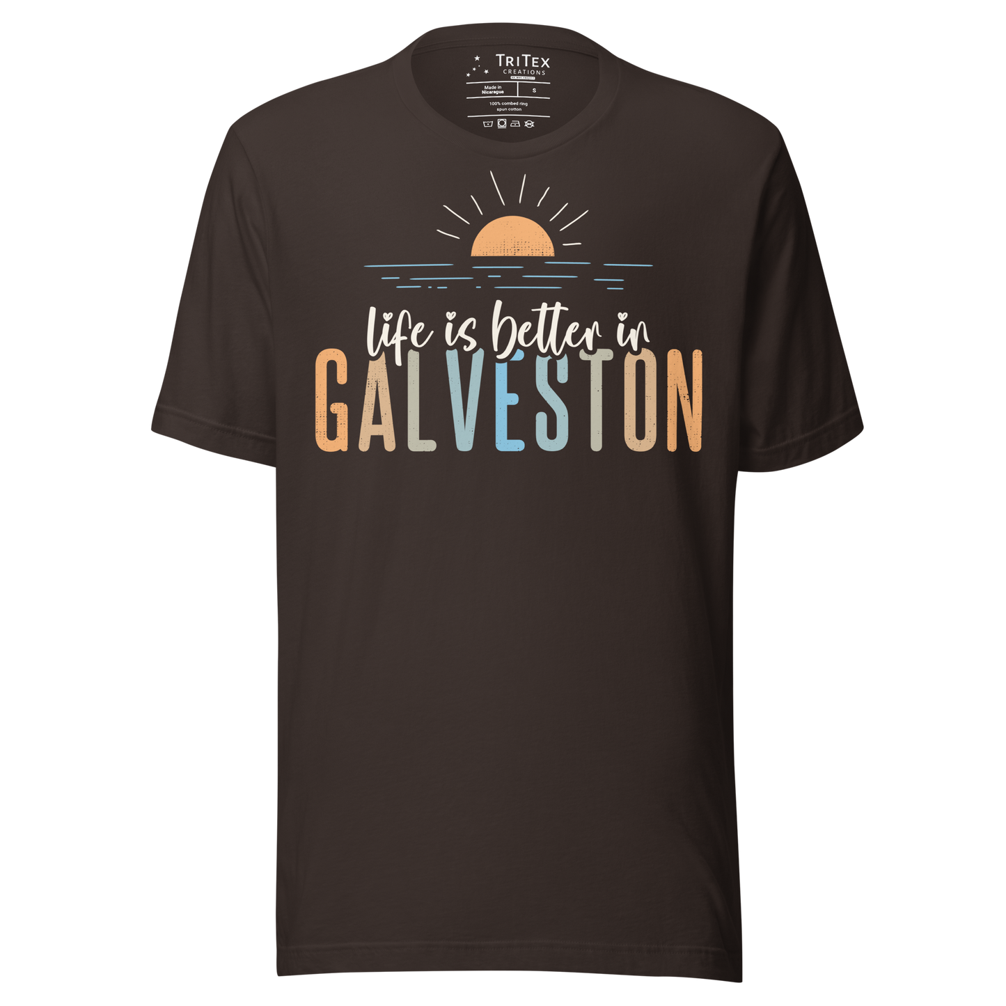 A brown t-shirt featuring a sunrise with the text "Life is better in Galveston".