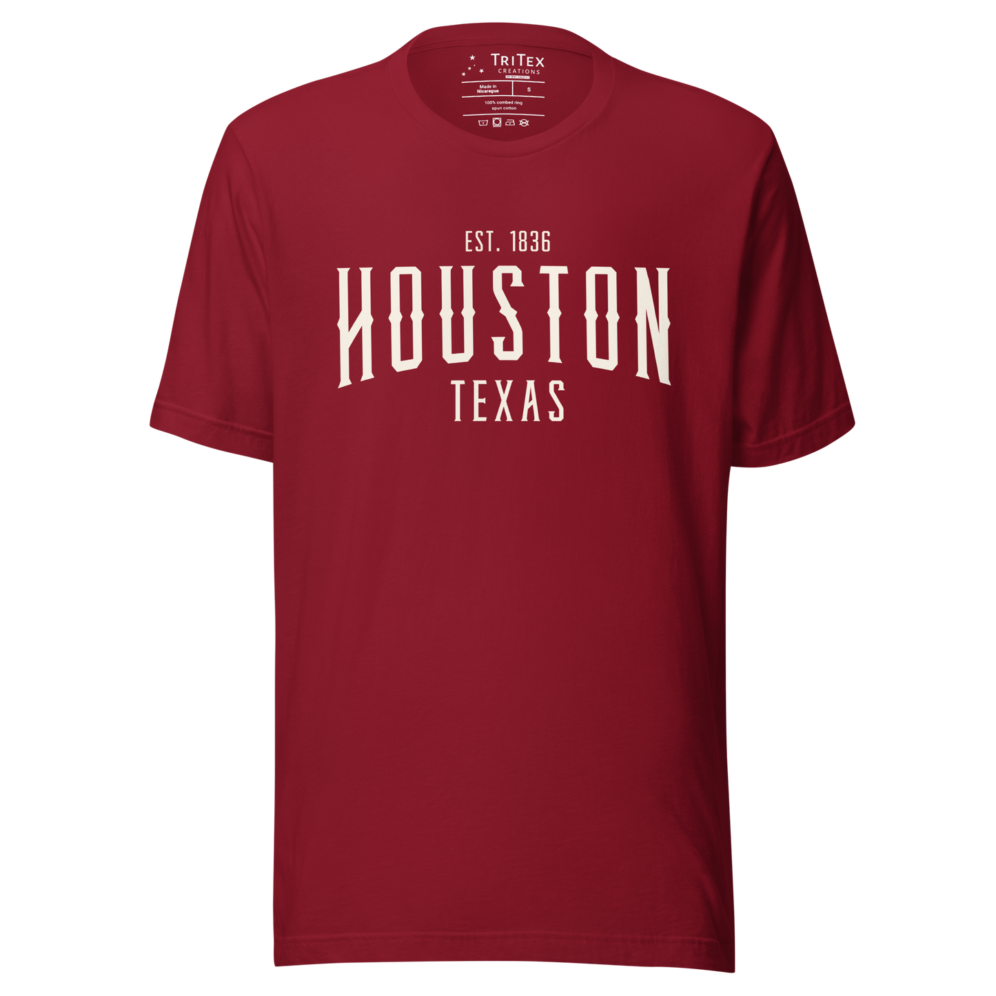 A cardinal red t-shirt with the words "Houston Texas Est. 1836".