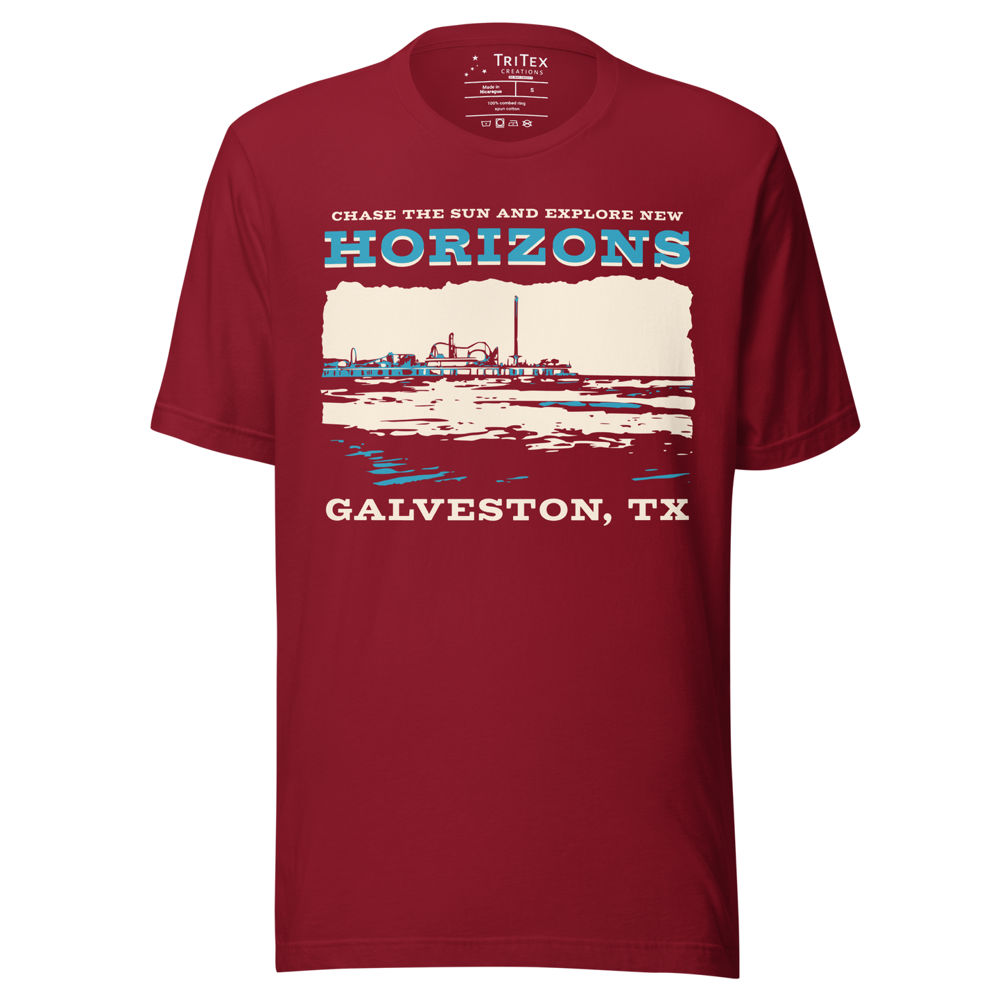 A cardinal red t-shirt featuring Pleasure Pier and the shoreline with the words "Chase the sun and explore new horizons Galveston, TX".