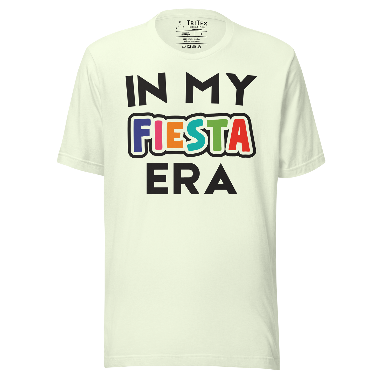 A citron-colored t-shirt that reads "In My Fiesta Era" with Fiesta in Southwestern colors.
