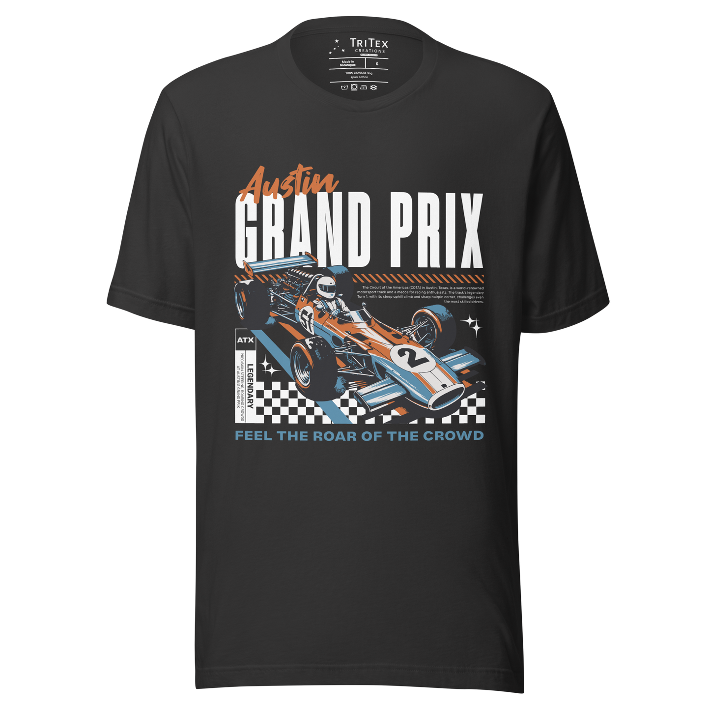 A dark gray t-shirt featuring an F1 race car with the words "Austin Grand Prix. Feel the roar of the crowd".
