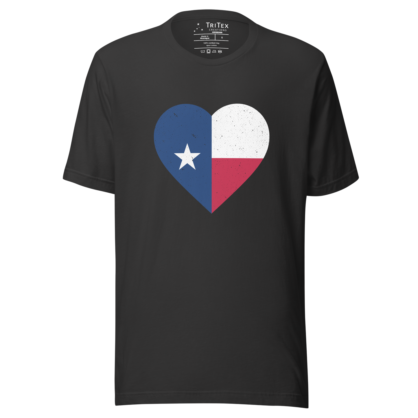 A dark gray t-shirt featuring the Texas flag within a heart shape.