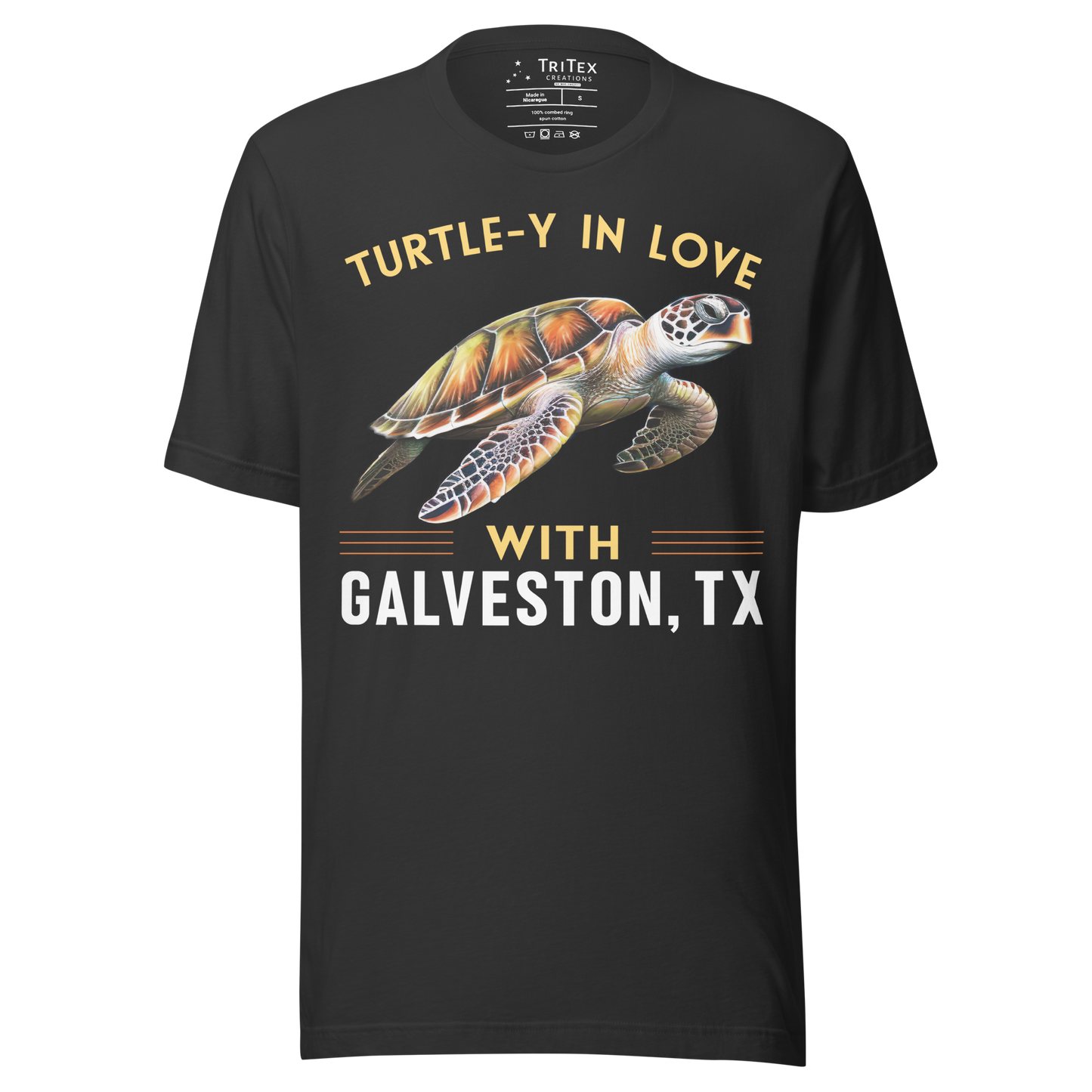 A dark grey t-shirt featuring an illustration of a sea turtle with the text “Turtle-y In Love With Galveston, TX”.