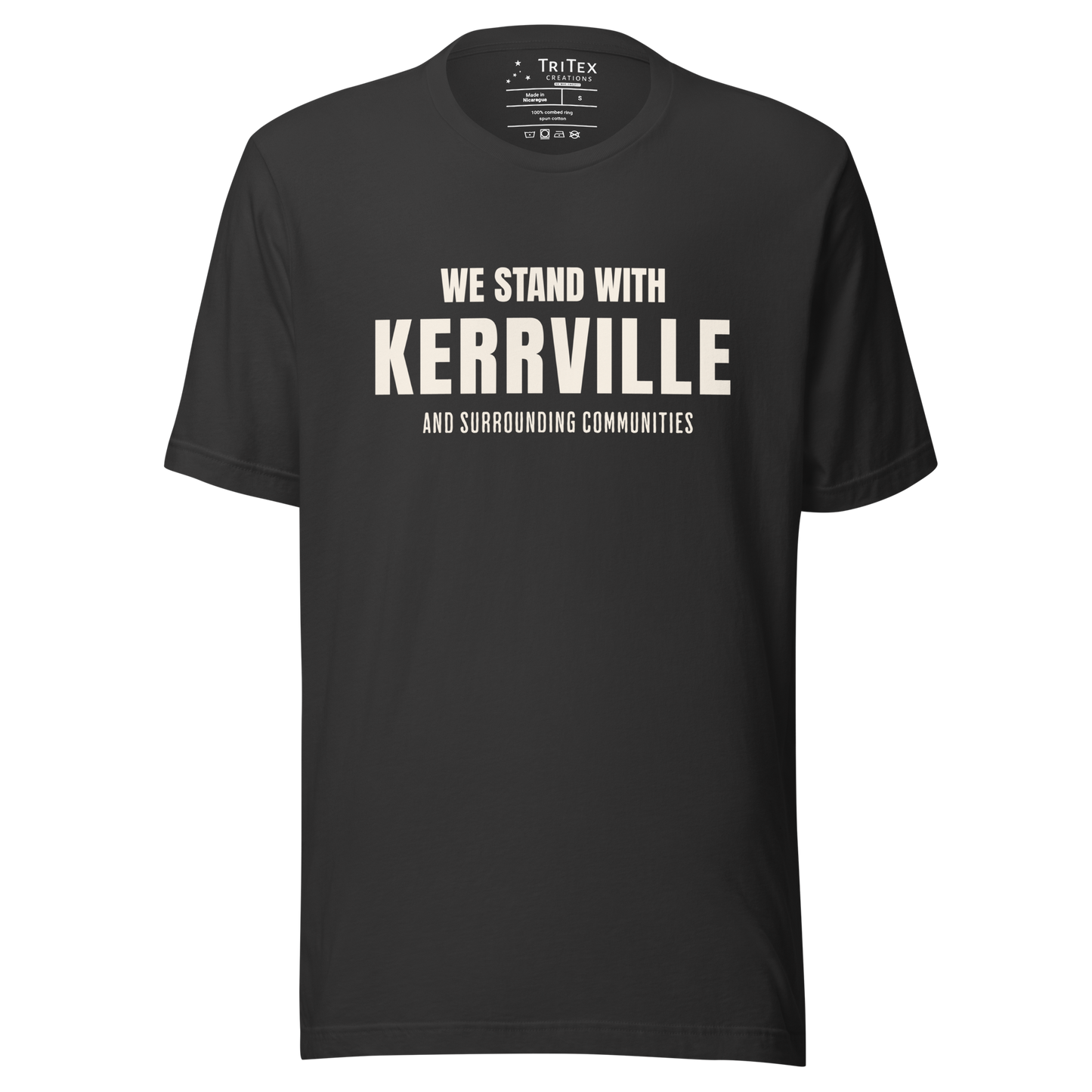 A dark grey t-shirt with the words "We stand with Kerrville and surrounding communities".