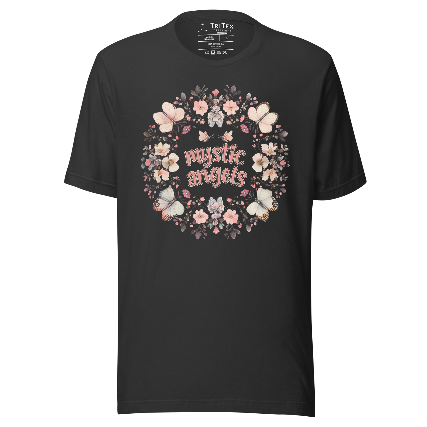 A dark grey t-shirt with the words "mystic angels" surrounded by butterflies and flowers.