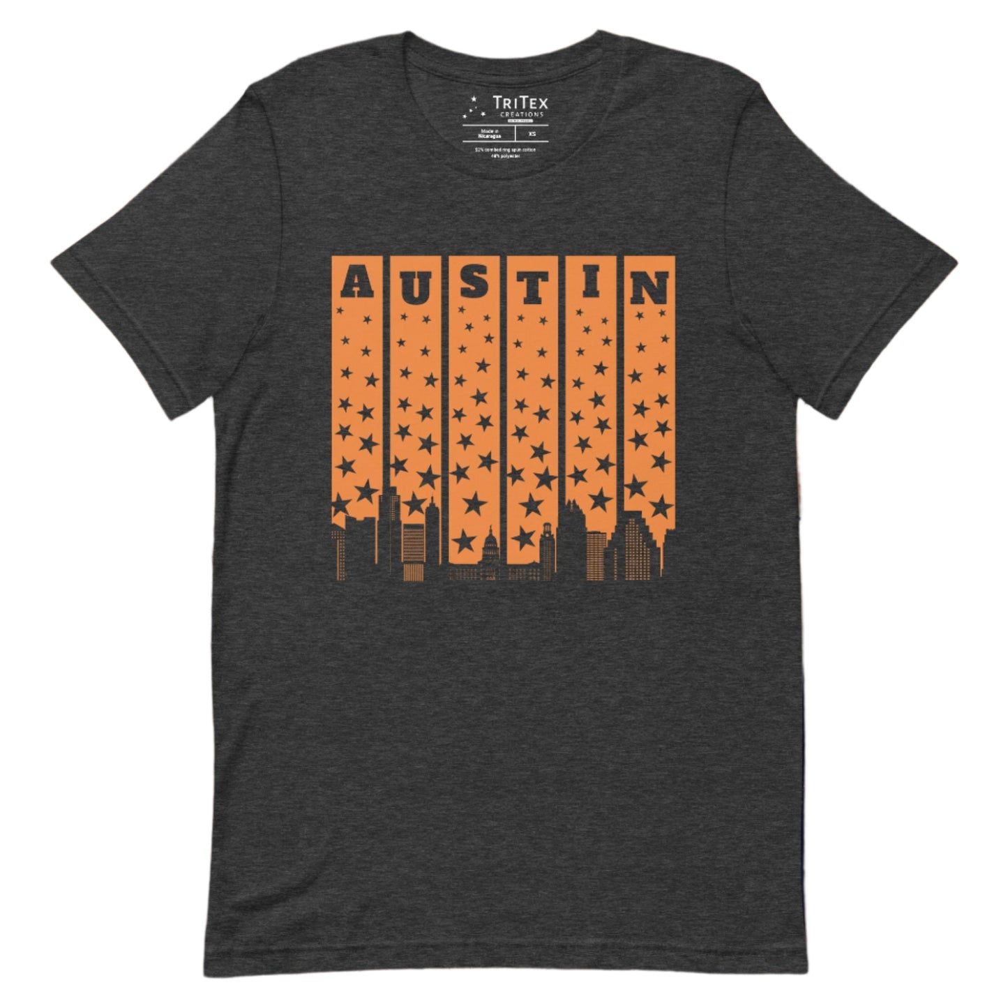 A dark gray heather t-shirt with the words Austin above a silhouette of stars and the Austin skyline.