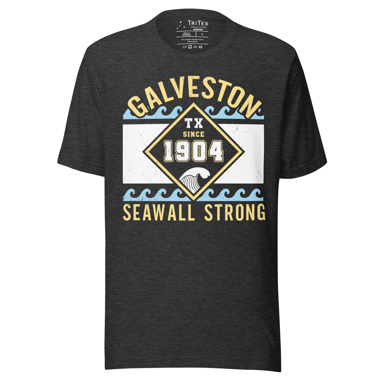 A dark gray heather t-shirt featuring waves with text that reads "Galveston TX Seawall Strong. Since 1904".